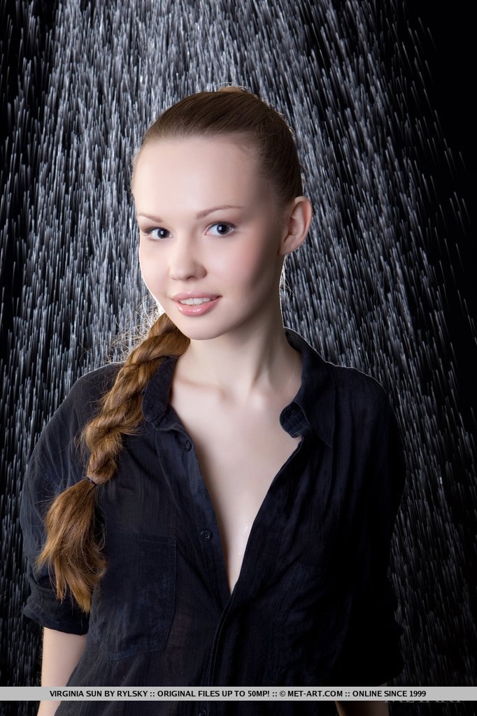Innocent teen girl Virginia Sun stripping down to black nylons under waterfall porn photo #424246259