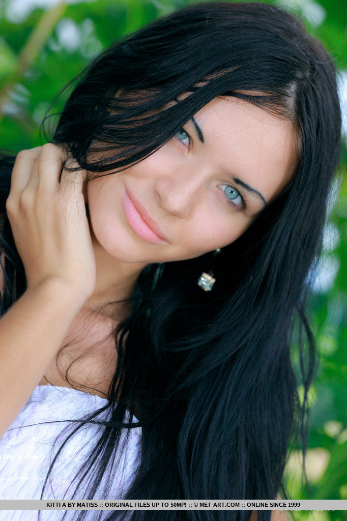 Dark haired Russian teen Kitti A strips totally naked under a tree porn photo #428448525