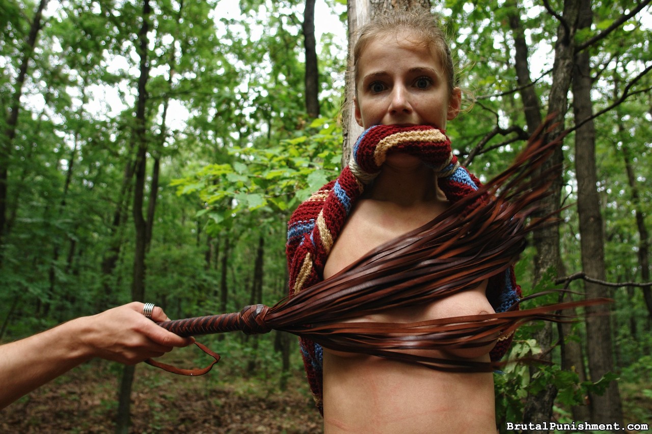 Petite blonde girl is flogged while tied to a tree in the forest porn photo #424143519