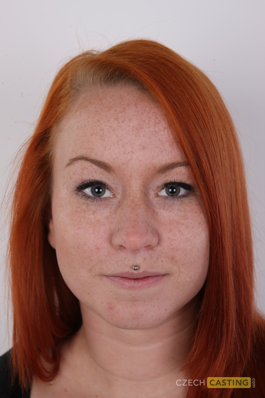 Freckled redhead Tereza shows her pierced pussy after getting completely naked porn photo #428503466