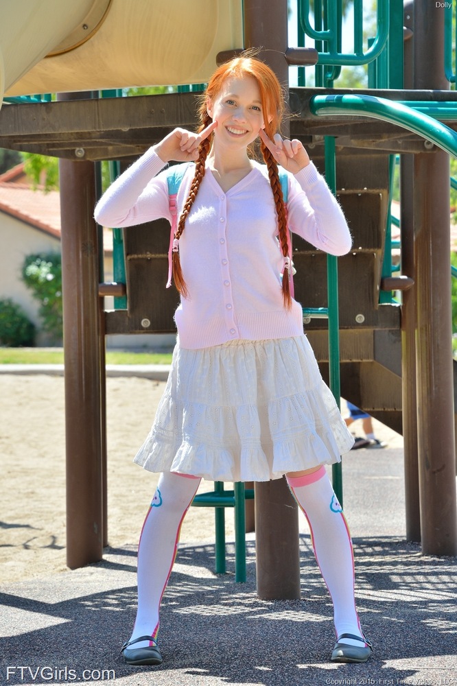 Young redhead in pigtails flashes pussy at the playground & toys in socks photo porno #424535001