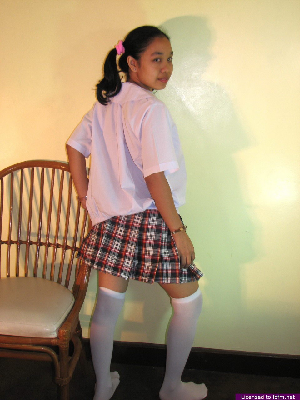 Asian schoolgirl Maryjane reveals her bald pussy in white over the knee socks porn photo #426639744