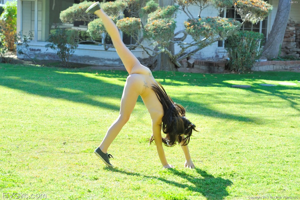 Caucasian teen works on her physical fitness while naked in the backyard porn photo #425443680