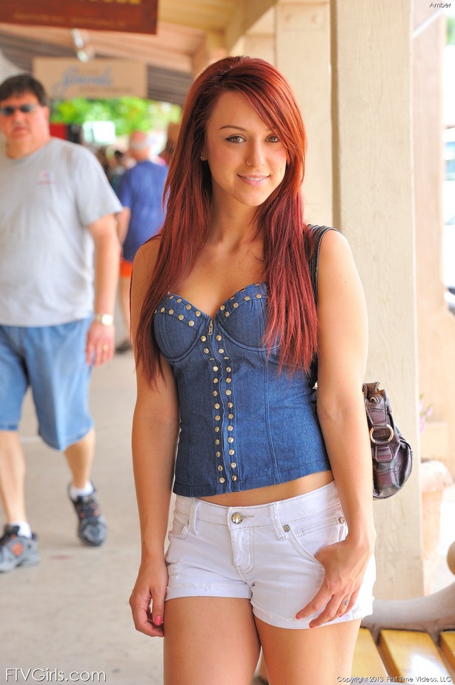 Cute teen in white shorts flashes her firm ass and sexy small tits in public porn photo #427336397