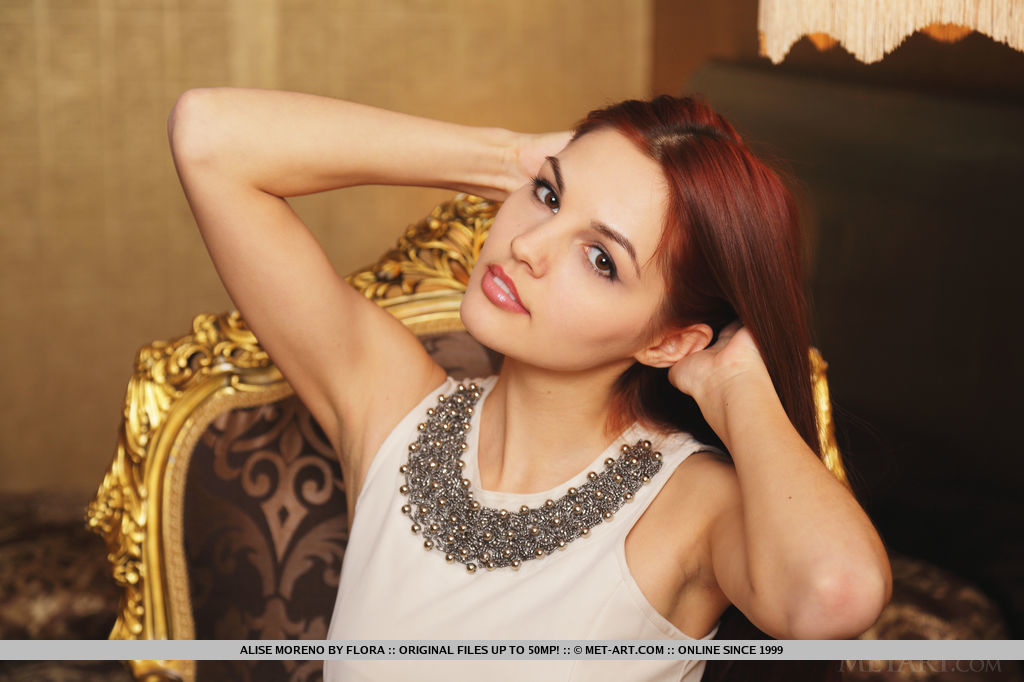 Beautiful redhead Alise Moreno undresses on gilded furniture during a solo set porno foto #427367047