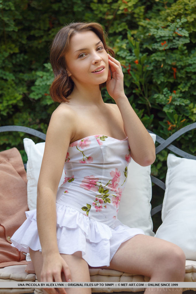 Innocent teen Una Piccola takes off her ruffle dress and underwear on a bench photo porno #427766528