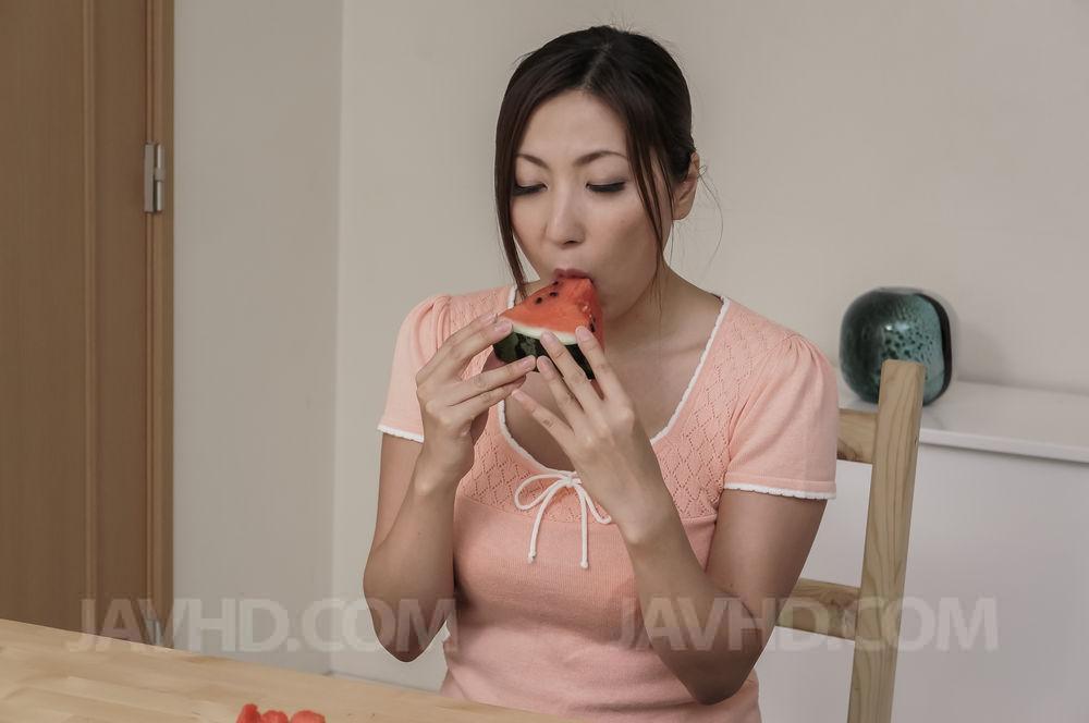 Japanese lady Mirei Yokoyama eats watermelon after upskirt action porn photo #424827659