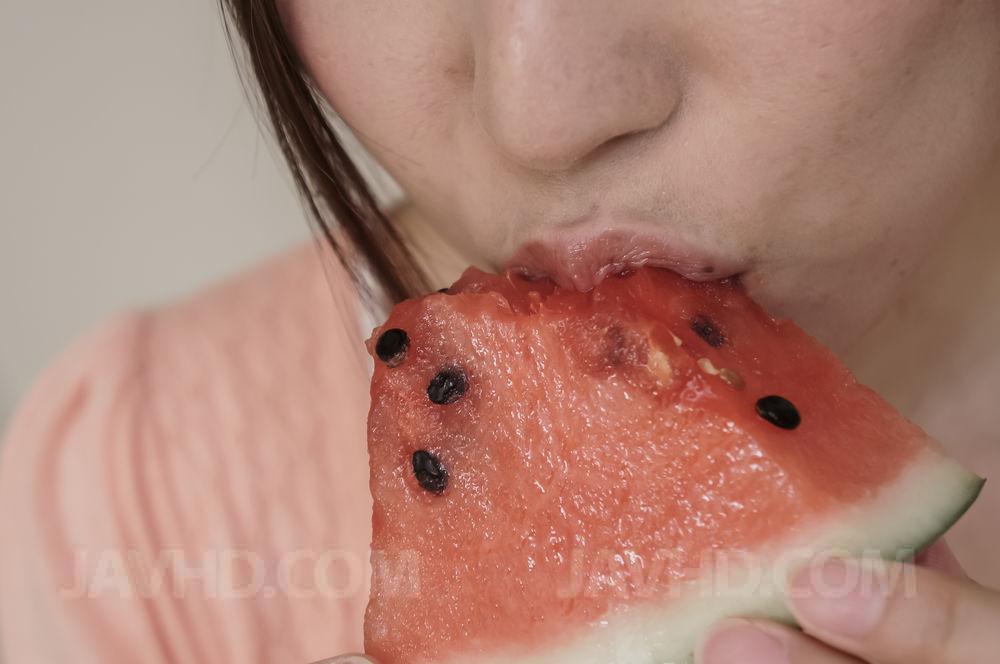 Japanese MILF Mirei Yokoyama eats watermelon before licking a cock porn photo #424020203