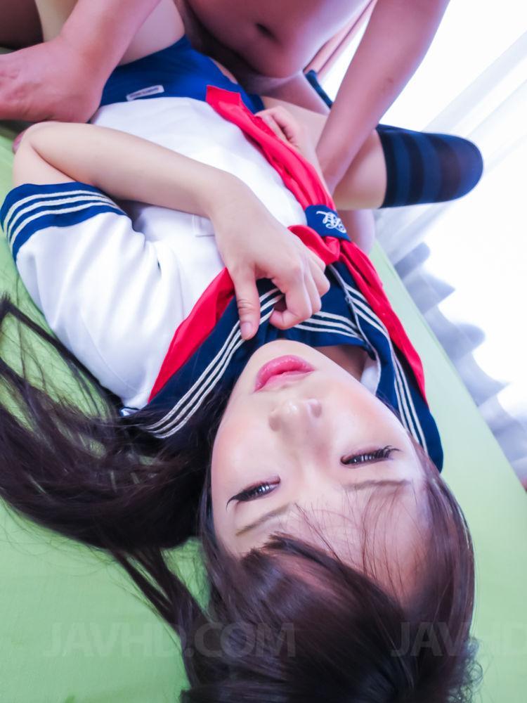 Japanese schoolgirl Yuri Sakurai has sex while wearing striped thigh highs porn photo #427080802