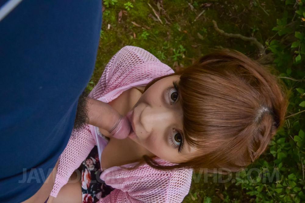 Redheaded Japanese Girl Anna Anjo Gives A Fully Clothed Blowjob In A Yard