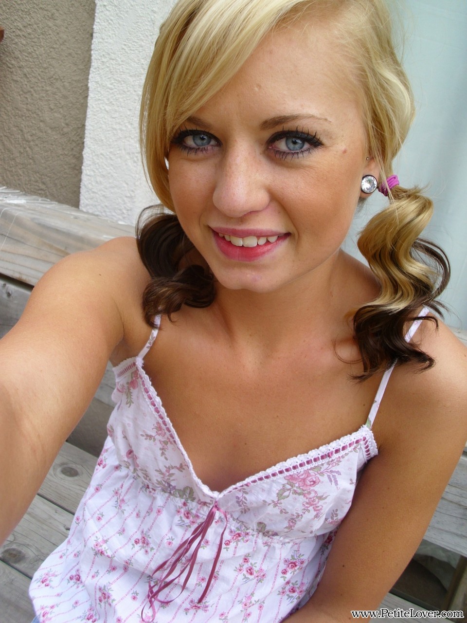 Cute blonde Tiff in pigtails showing off her wee small tits & tiny bald pussy foto porno #428361803