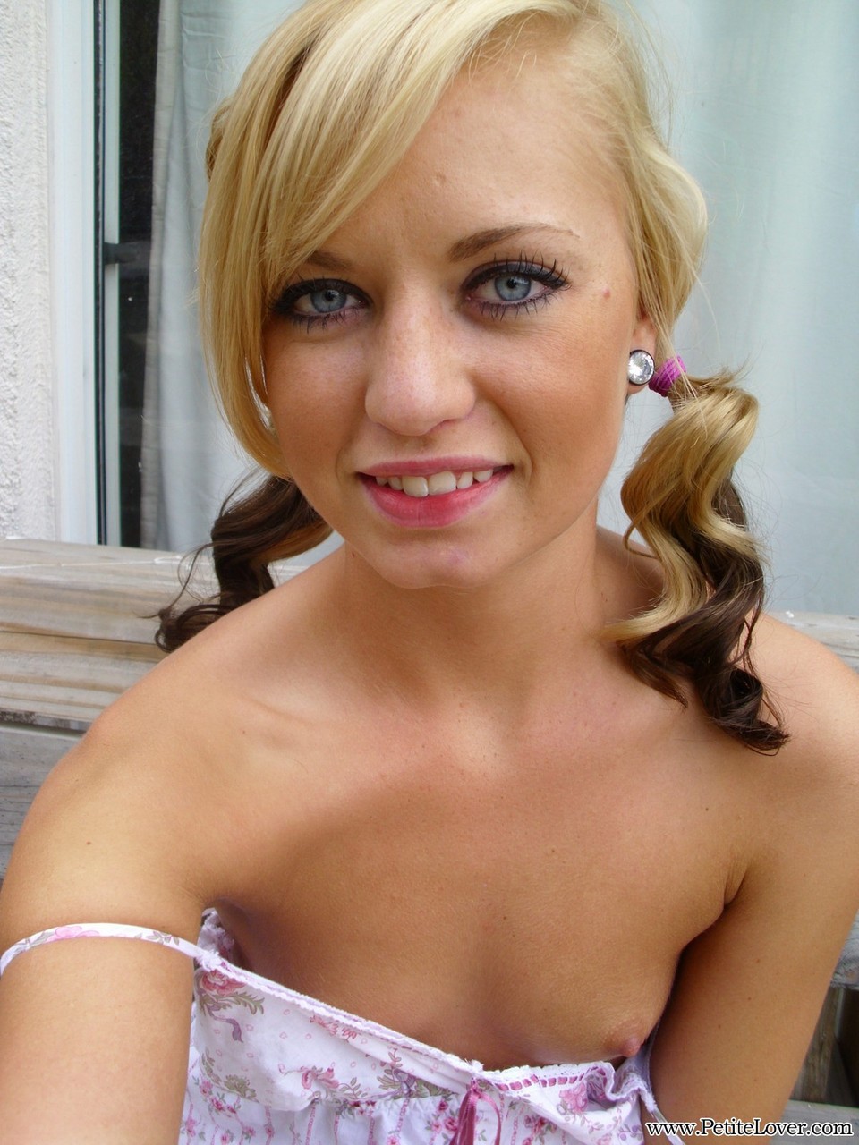 Cute blonde Tiff in pigtails showing off her wee small tits & tiny bald pussy foto porno #428478640
