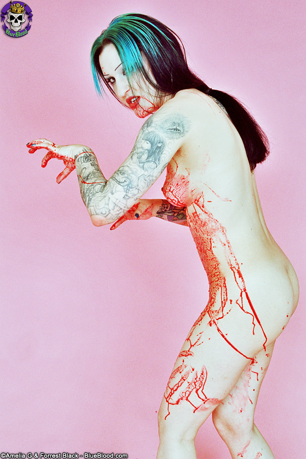 Red spattered pale vampire beauty with great tattoos порно фото #425603827