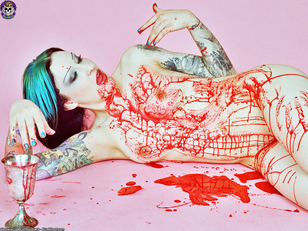 Red spattered pale vampire beauty with great tattoos foto porno #426614779