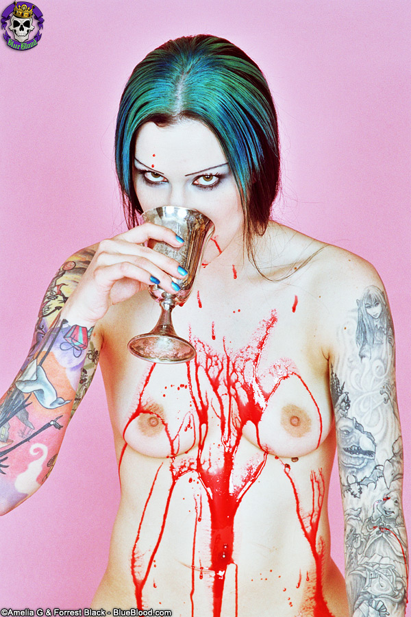 Red spattered pale vampire beauty with great tattoos foto porno #426614789