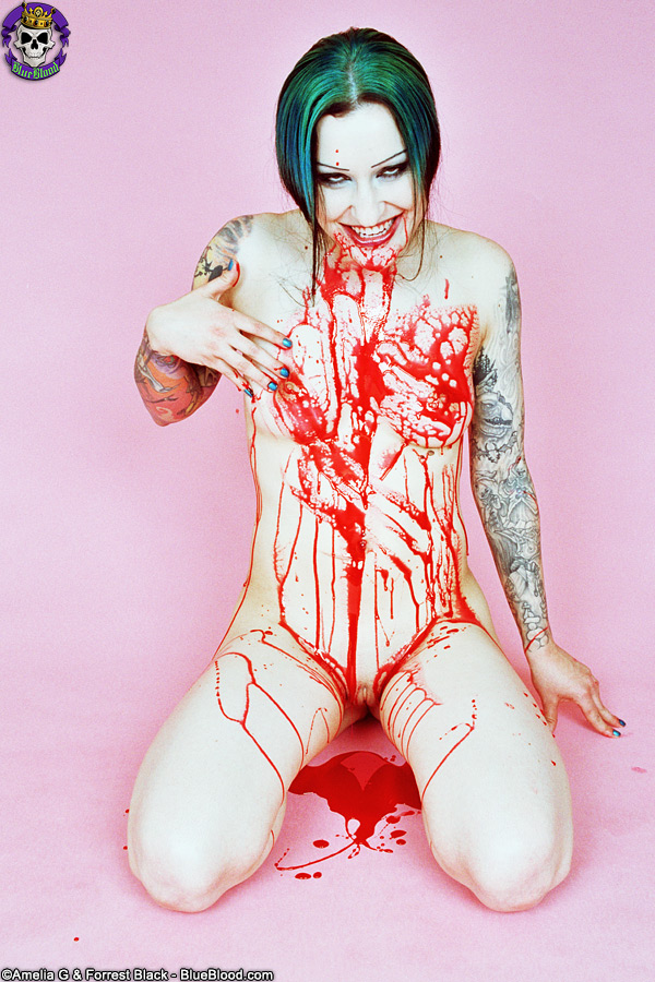 Red spattered pale vampire beauty with great tattoos foto porno #426614793