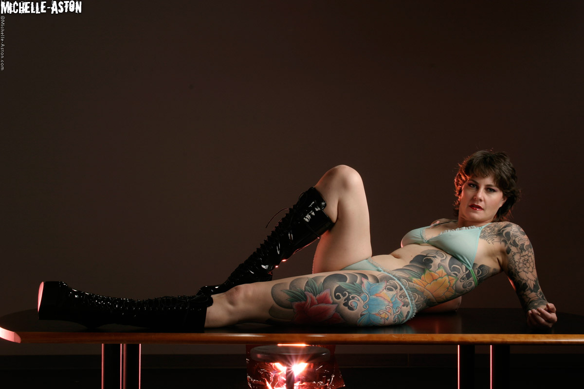 Heavily tattooed female Michelle Aston models solo in sheer lingerie set zdjęcie porno #428948462