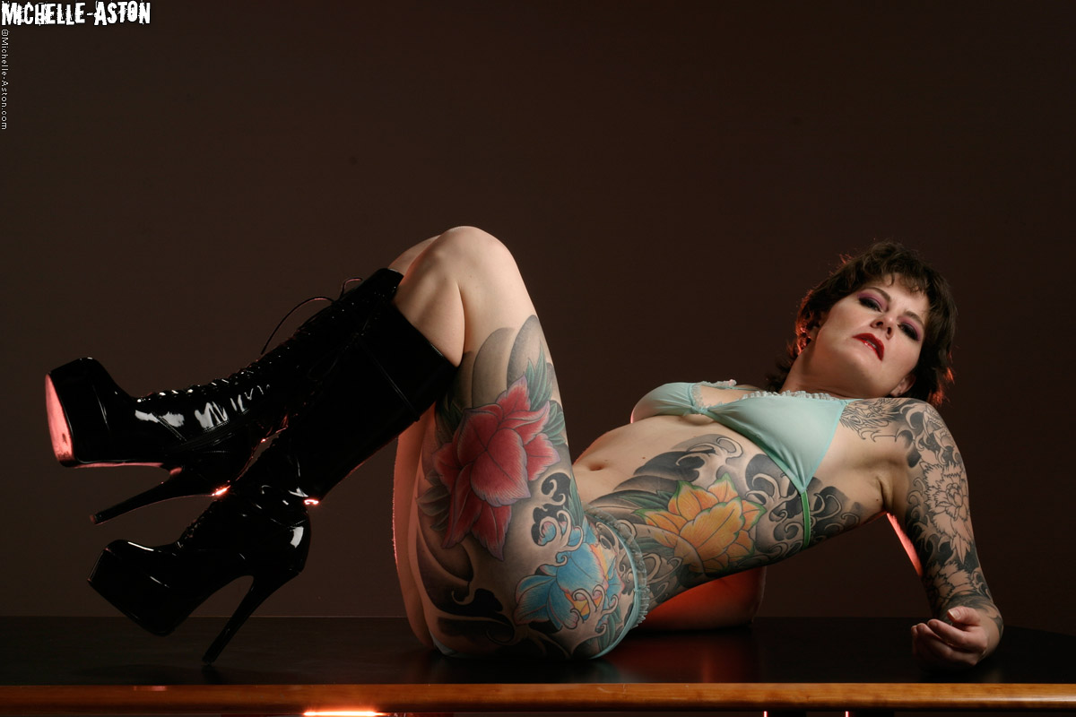 Heavily tattooed female Michelle Aston models solo in sheer lingerie set 포르노 사진 #428948468
