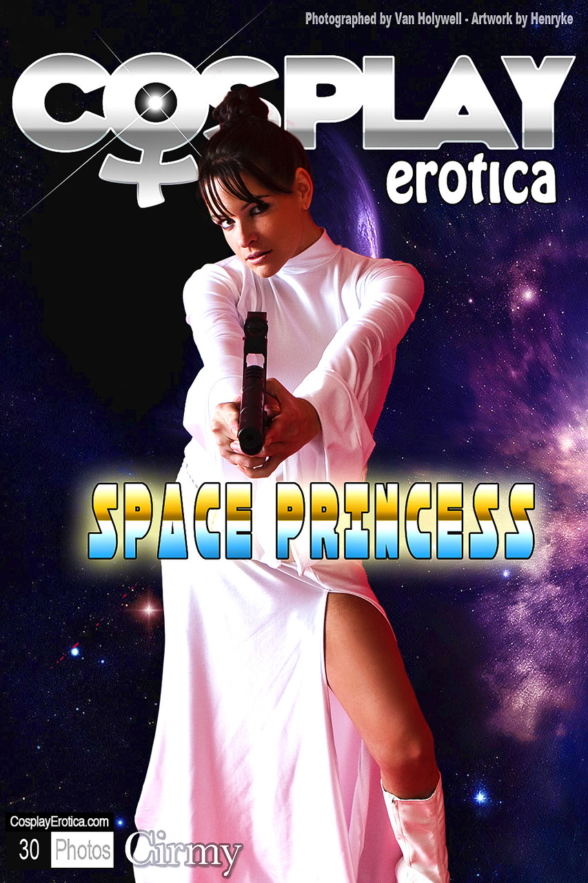 Sexy brunette wields a pistol while removing Space Princess attire 포르노 사진 #423243804
