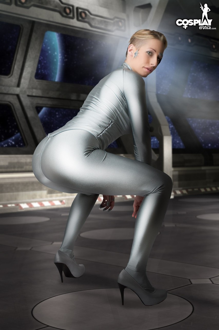 Cosplay enthusiast works her female body parts free of futuristic clothing porn photo #423079913