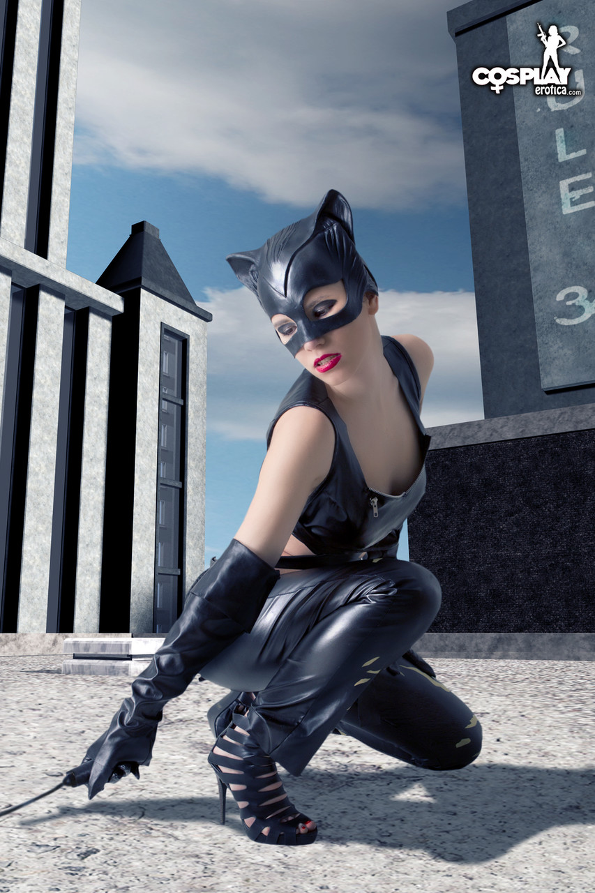 Beautiful girl gets naked in a leather Catwoman hood on a rooftop foto porno #424828426