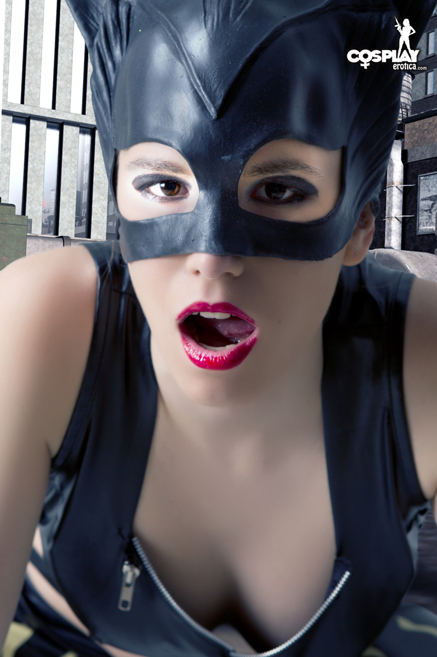 Beautiful girl gets naked in a leather Catwoman hood on a rooftop foto porno #424828429