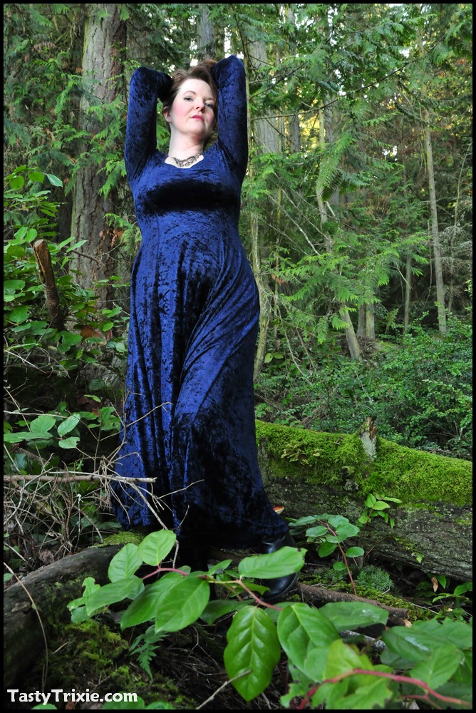 Older lady Tasty Trixie hikes up her long dress over hose covered ass in woods porn photo #428730442