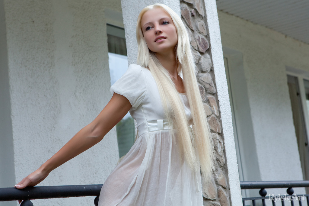 Innocent blonde teen from Estonia frees her girl parts from her white dress foto porno #428454212