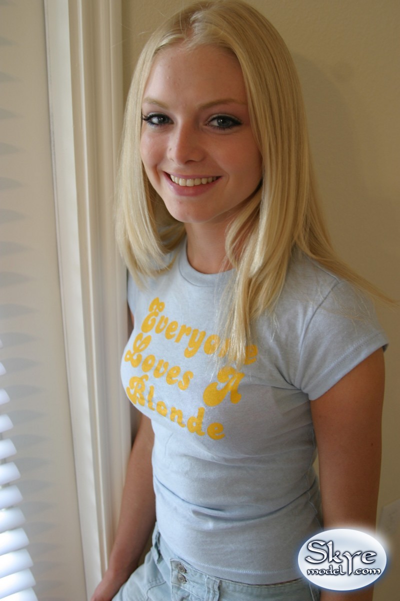 Blonde amateur Skye Model models by herself in a short skirt porn photo #428753225