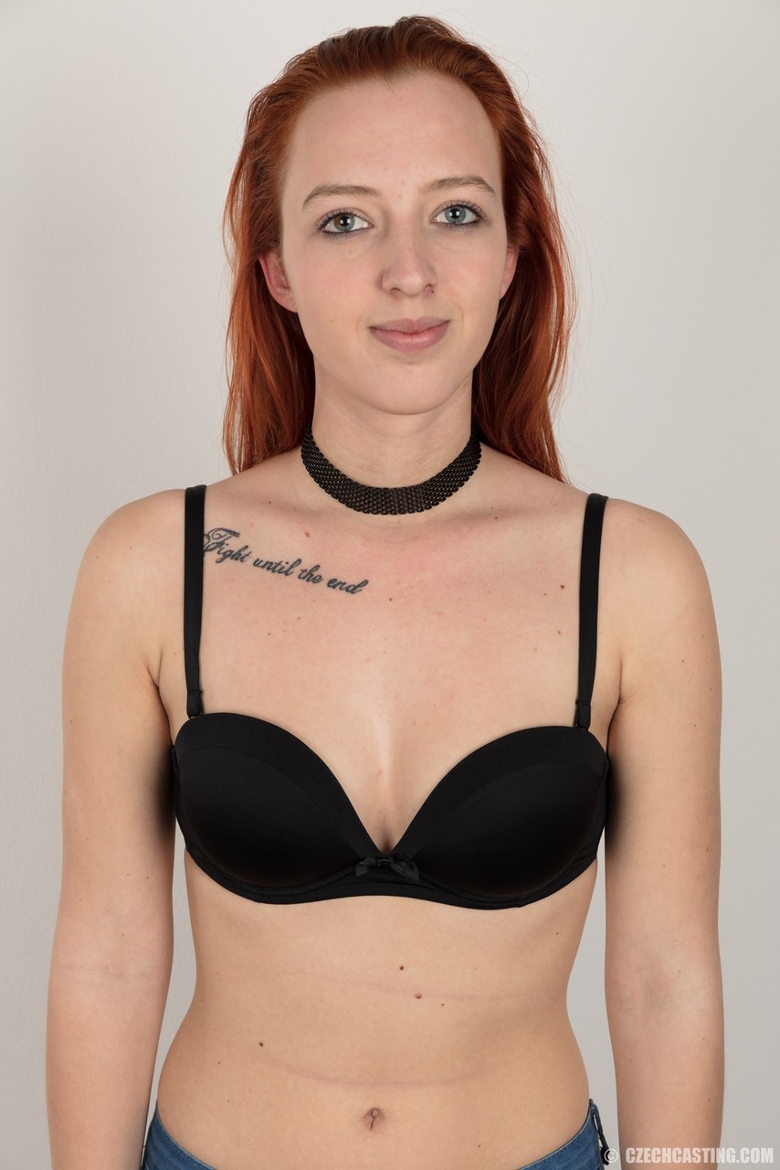 18 year old redhead wears a choker while stripping to a black thong porn photo #428607882