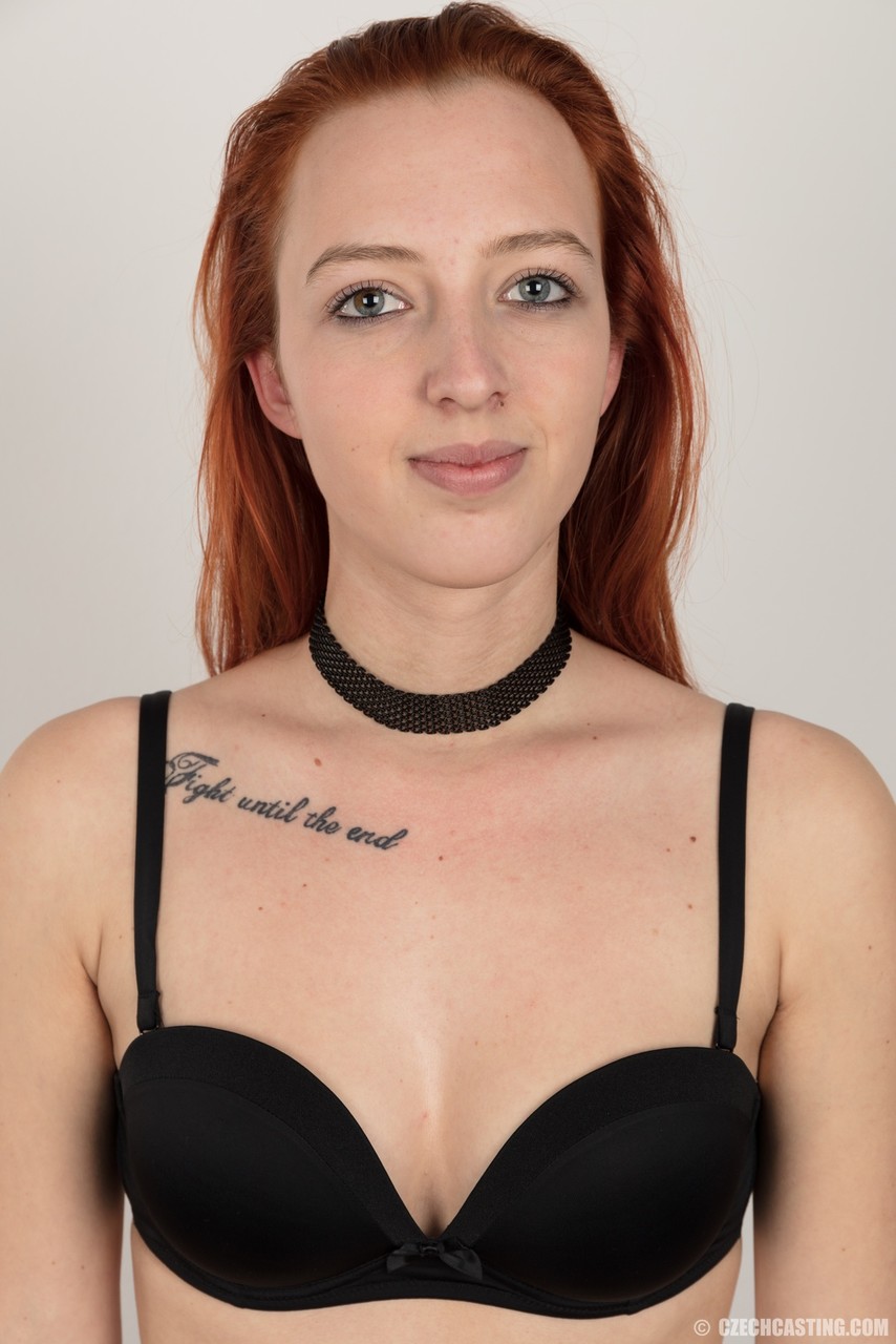 18 year old redhead wears a choker while stripping to a black thong porn photo #428607885
