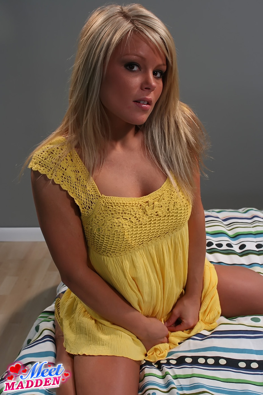 Blond amateur Meet Madden is all tease in a yellow dress and thong underwear porn photo #425509424