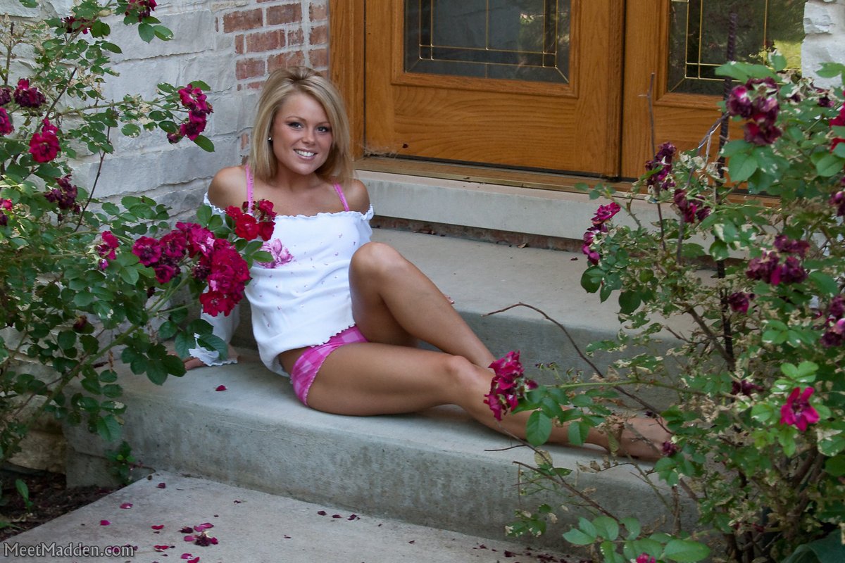 Blonde Female Meet Madden Smells The Roses While Undressing On Front Steps