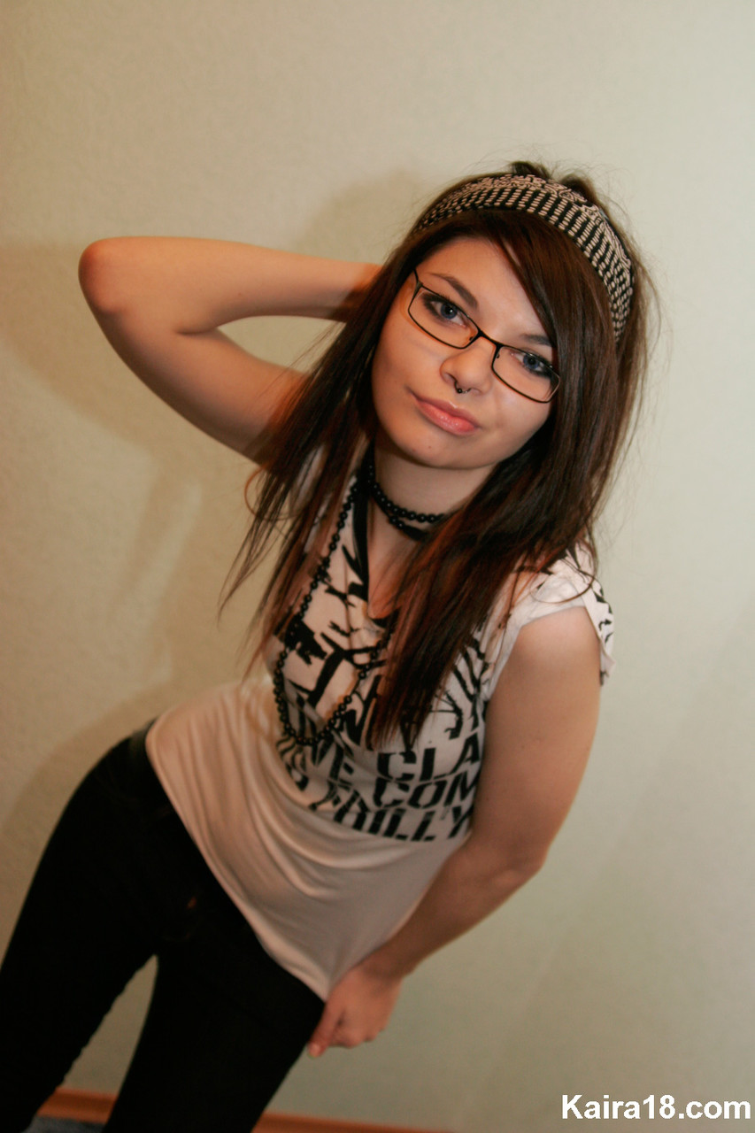 Young brunette Kaira 18 takes off her glasses while modelling non nude foto porno #425296391