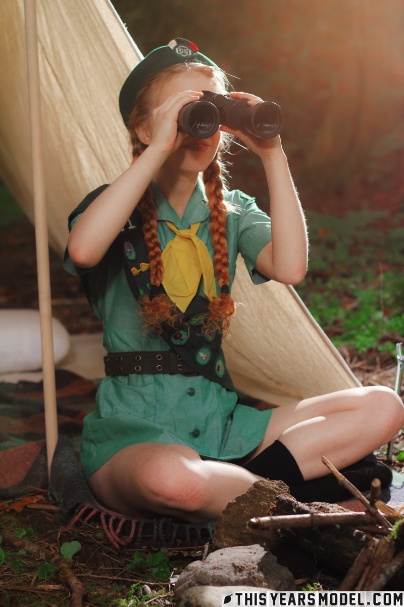 Redheaded Girl Scout Dolly Little gets naked outside her tent in beret porn photo #422724910