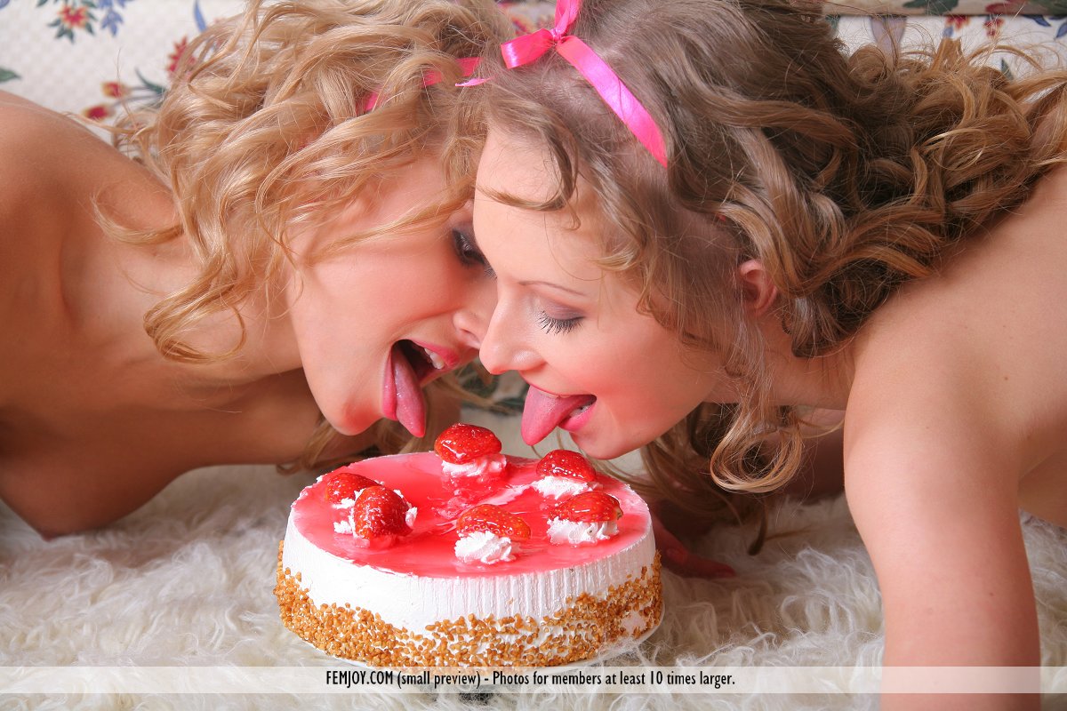 Cute blonde Anju & pal licking & kissing & petting while playing with food porn photo #425976602