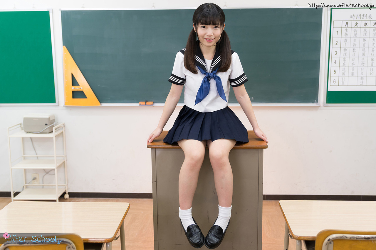 Tiny titted Japanese schoolgirl undressing to stand naked in the classroom porn photo #423916693