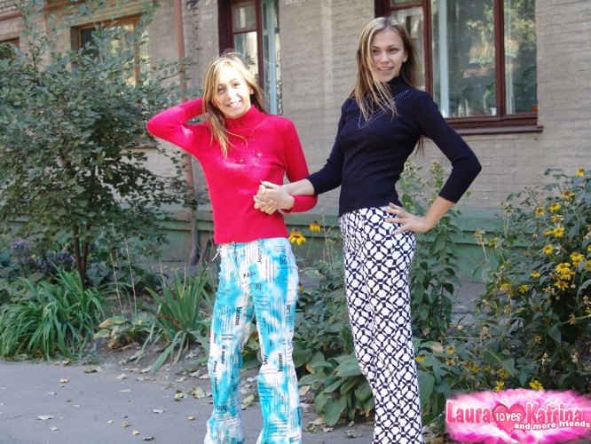 Teenagers Laura & Katrina show off their tits and buttocks while wandering about.