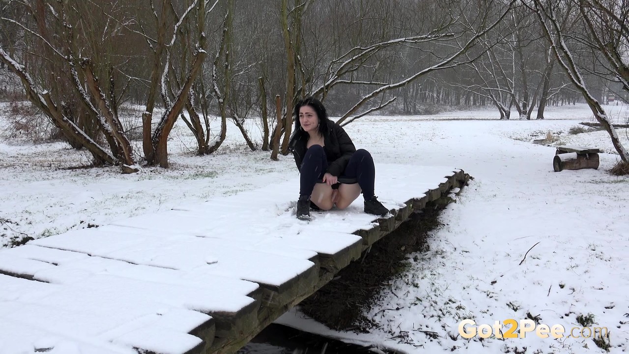 Dark haired girl pees on a bridge in the snow porno foto #425143686
