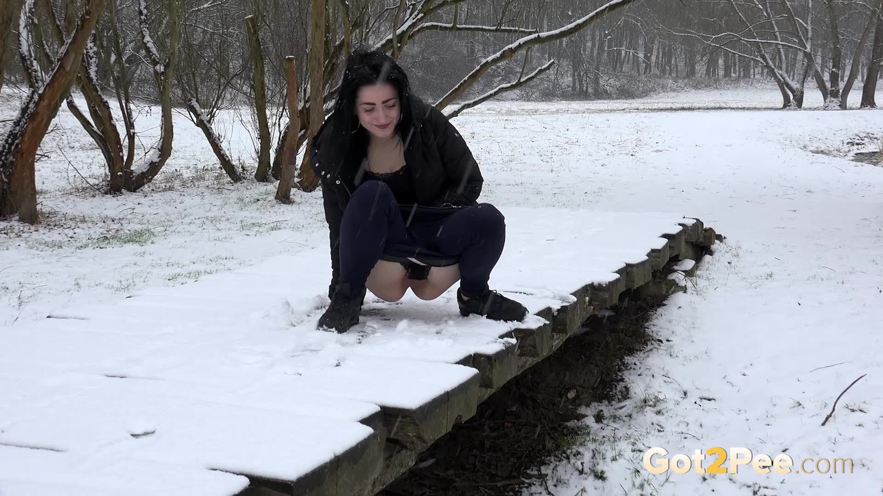 Dark haired girl pees on a bridge in the snow porno foto #425143687
