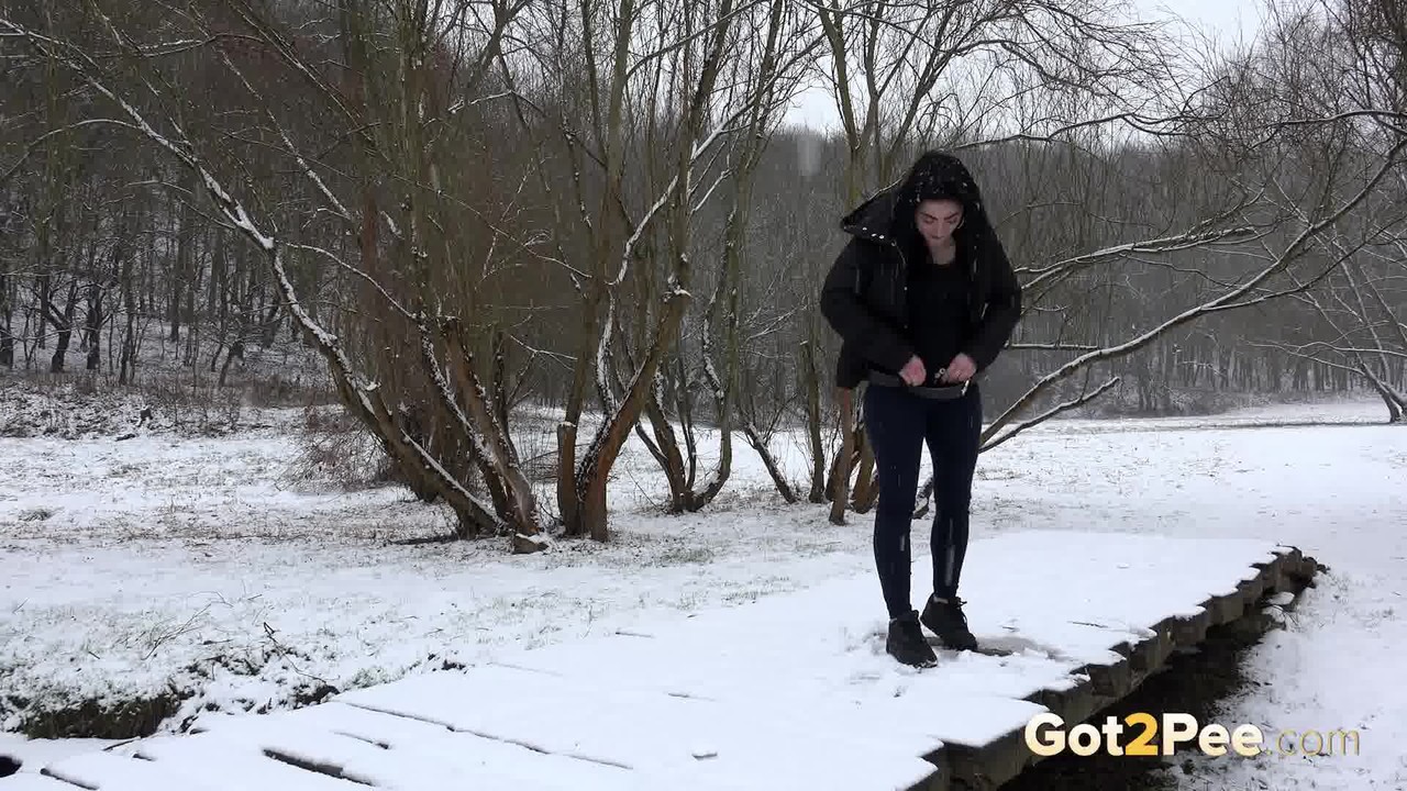 Dark haired girl pees on a bridge in the snow foto porno #425143704
