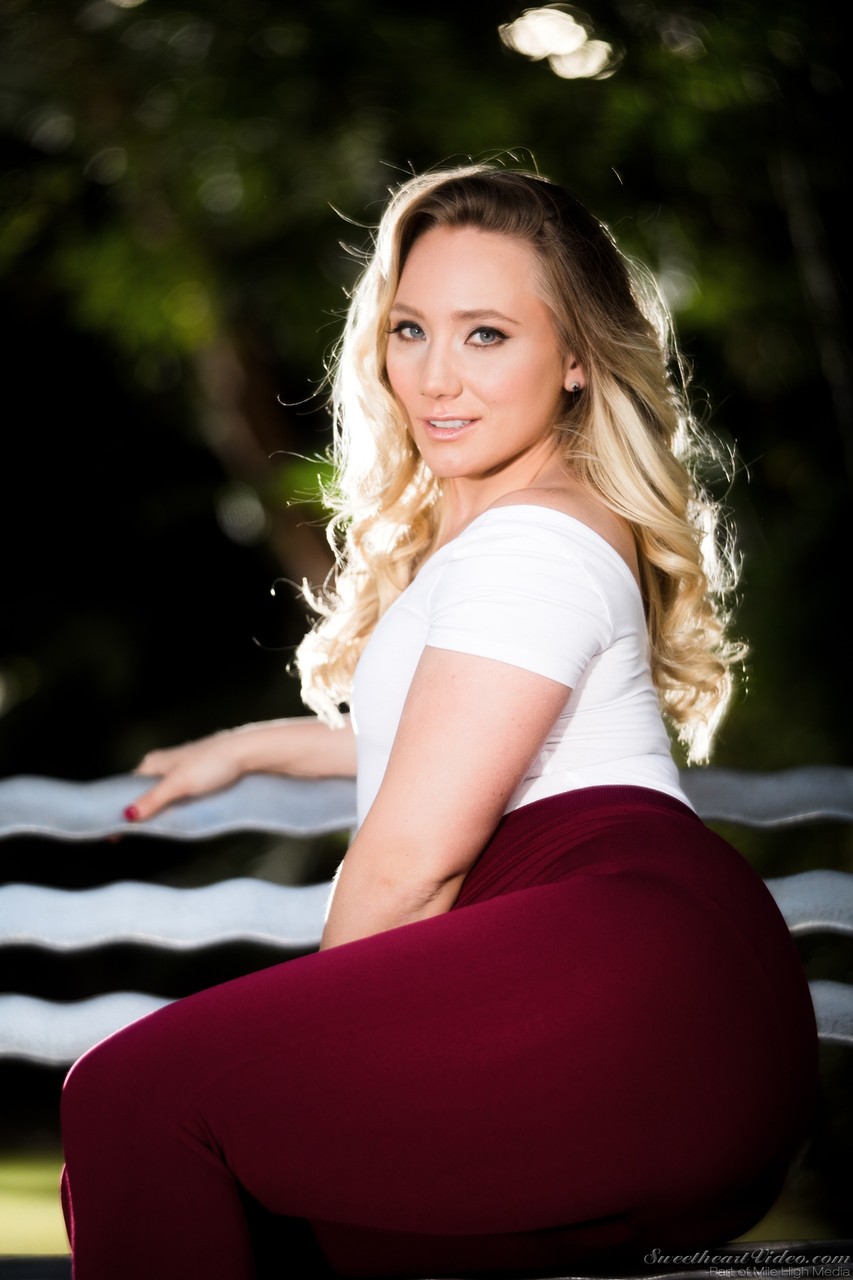 Blonde solo girl AJ Applegate rips off her leggings and onesie on the patio foto porno #425433242