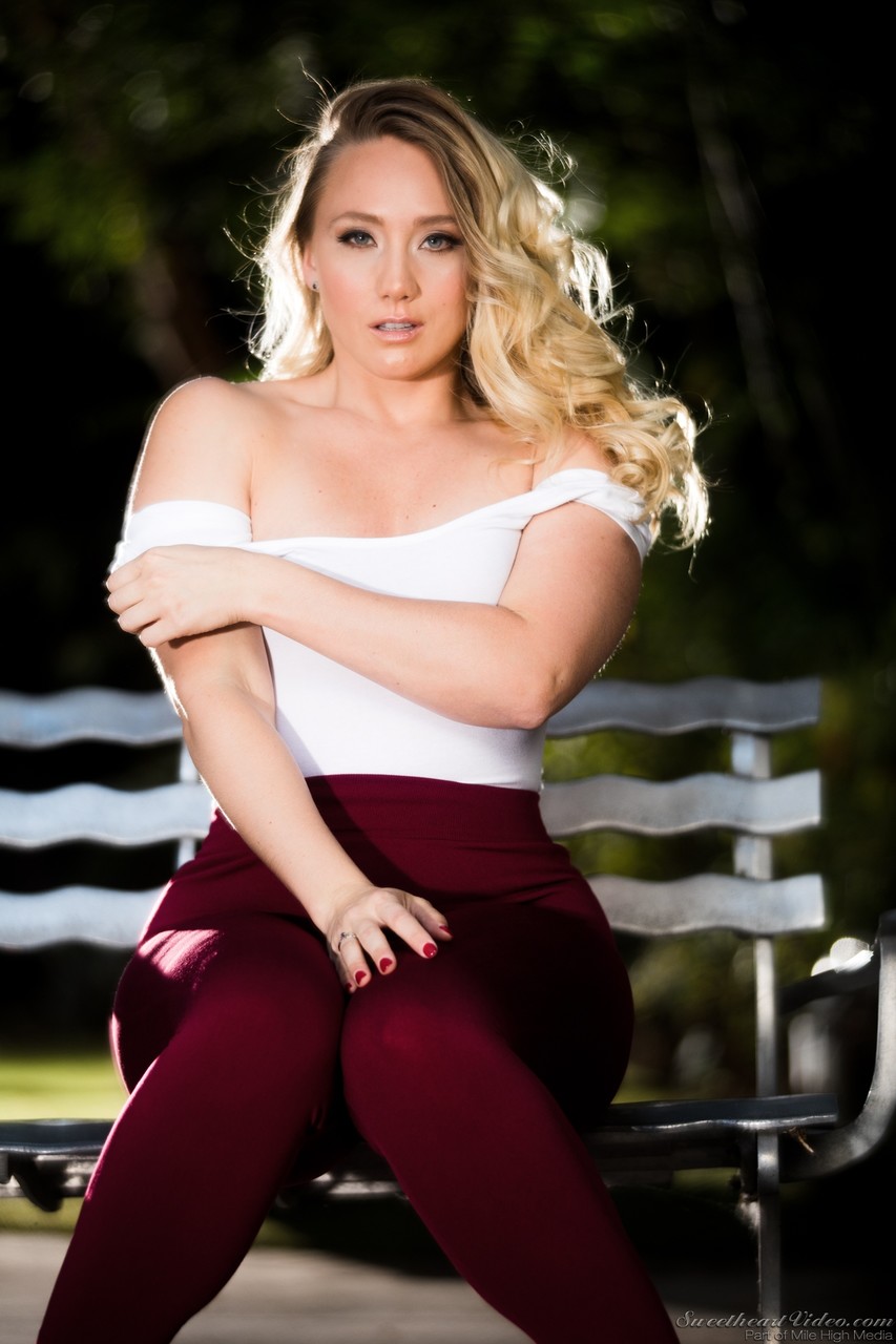 Blonde solo girl AJ Applegate rips off her leggings and onesie on the patio foto porno #425433245