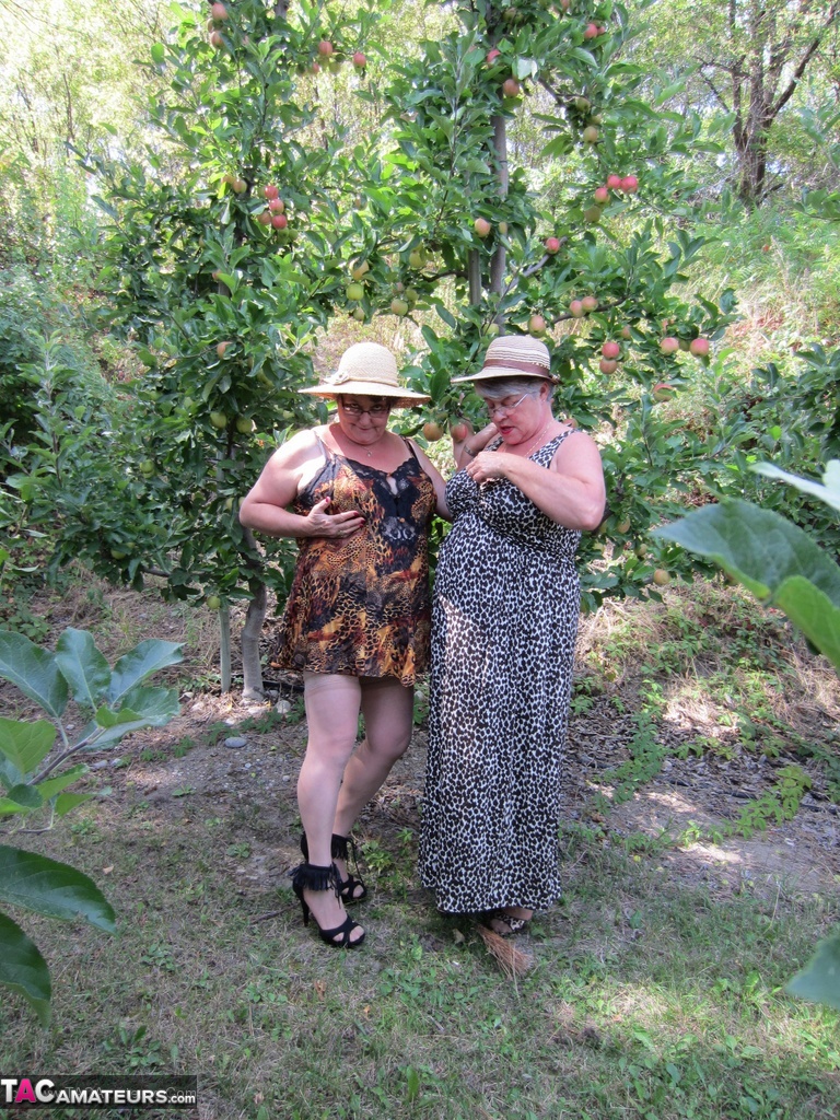 Older granny Girdle Goddess & her aged gal pal showing ass & nipples outdoors 포르노 사진 #425904767