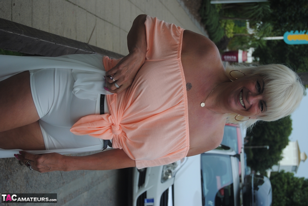 Mature British Woman Denise Davies Likes Flashing Her Saggy Tits In Public
