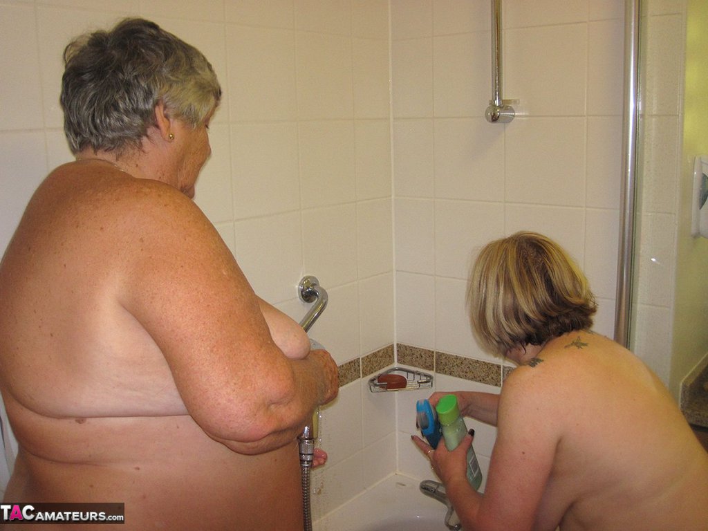 Grandma Libby and her lesbian lover wash each other during a shower porn photo #424822628