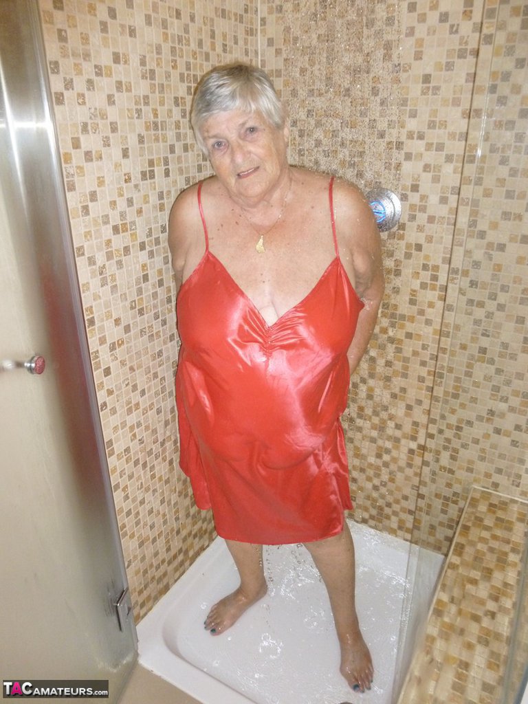 Fat old woman Grandma Libby blow dries her hair after showering porn photo #427516085