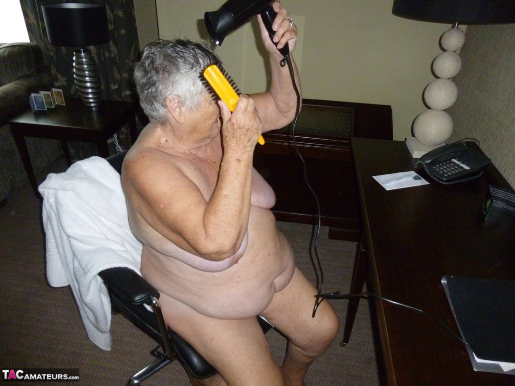 Fat old woman Grandma Libby blow dries her hair after showering porn photo #427516256