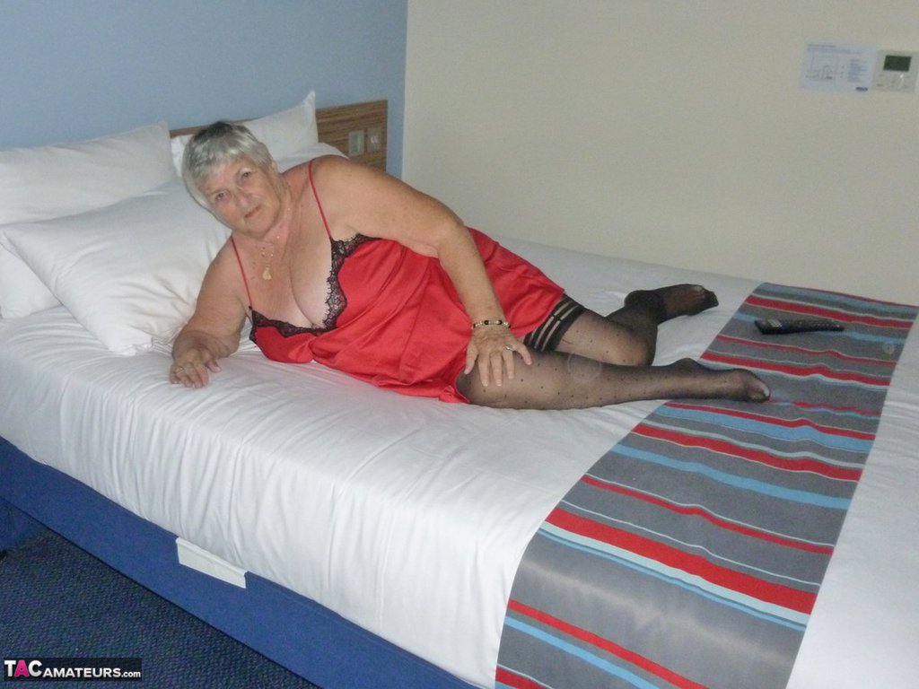 Fat man Grandma Libby doffs her lingerie before masturbating on her bed photo porno #428618106
