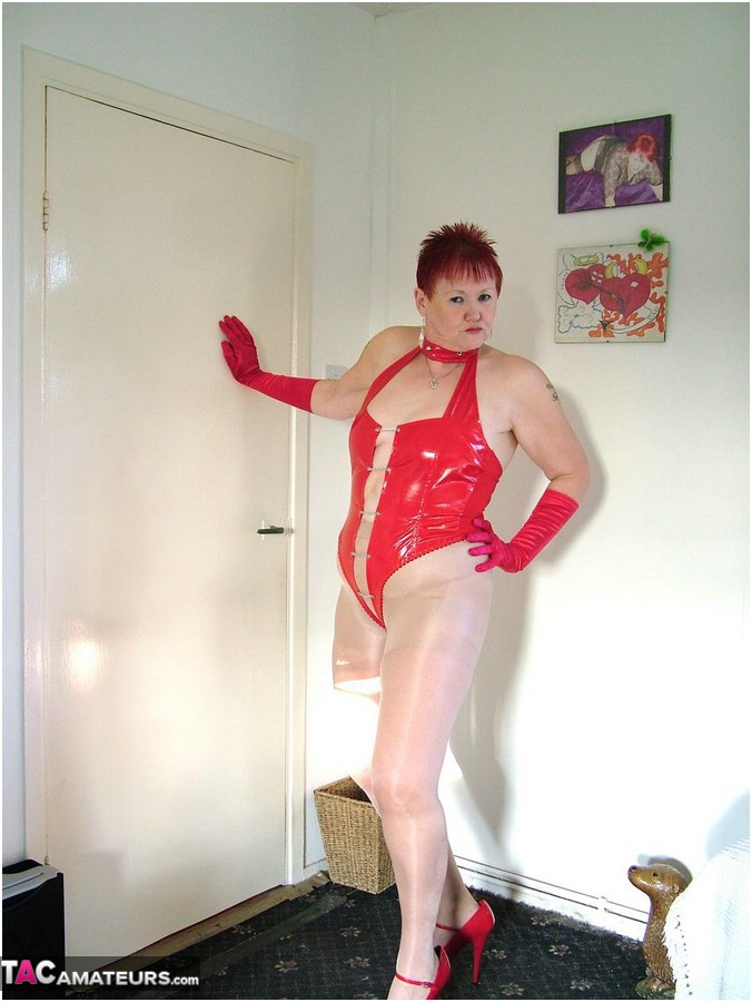Older amateur Valgasmic Exposed models red latex wear and gloves plus heels porn photo #428347574